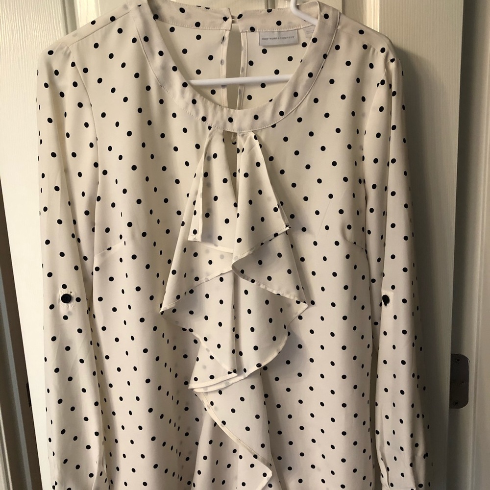 New York & Co. Cream and Black Polka Dot Blouse